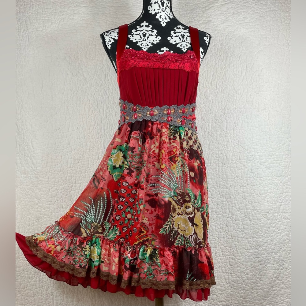 Red Floral Sundress with Embellished Waist